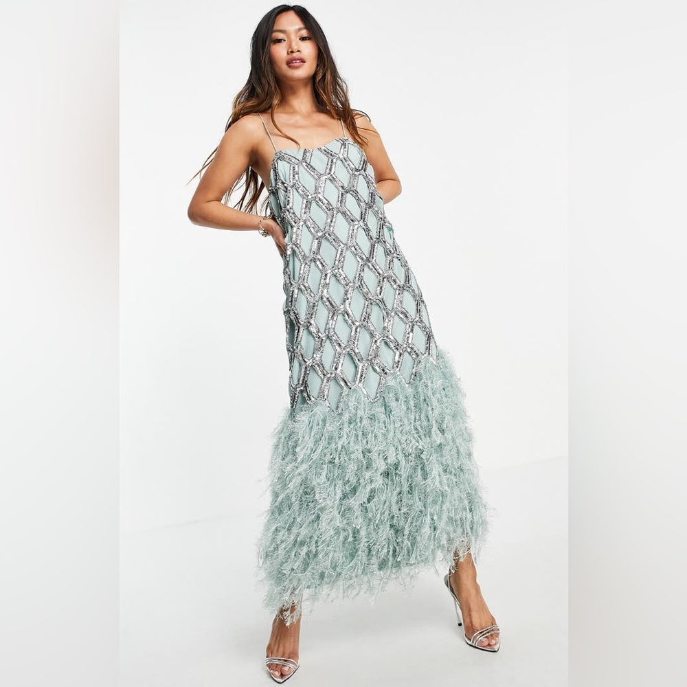 ASOS EDITION Sequin Faux Feather A-Line Dress